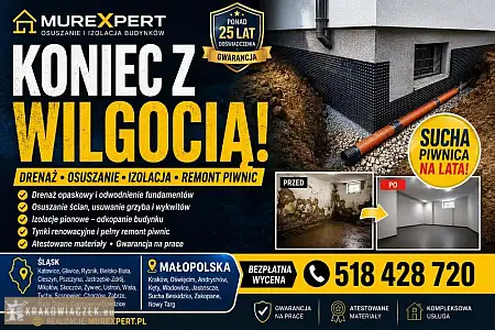 Osuszanie budynków, izolacja fundamentów, iniekcja krystaliczna, podcinanie ścian Śląsk / Małopolska - KRAKOWIACZEK.EU